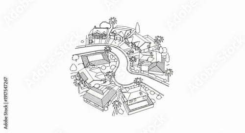 Overhead view of a suburban neighborhood with houses and palm trees
