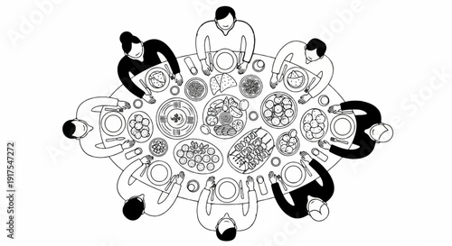 Overhead view of diverse people sharing a bountiful feast at a round table