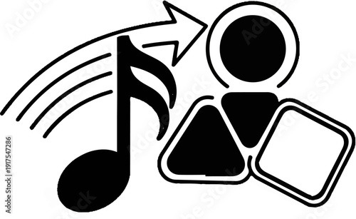 Music icon transforms into simplified human figures and shapes