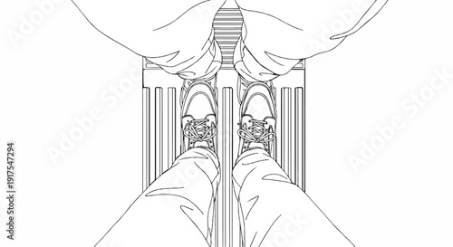 Overhead view of legs in jeans and sneakers standing on a ribbed surface
