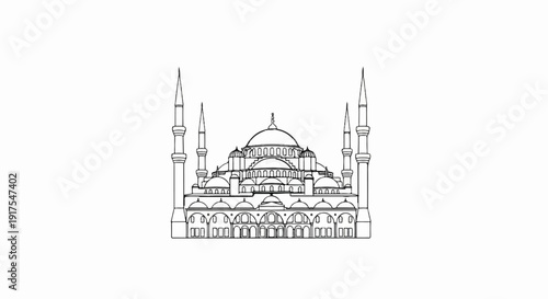 Ornate mosque with domes and tall minarets, sketched in black and white outline