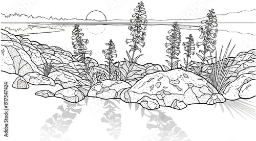 Rocky shore with wildflowers and a serene lake at sunset