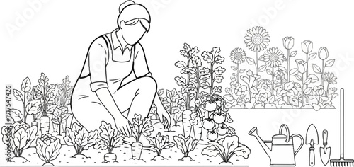 Person tending to vegetables in garden with flowers and tools