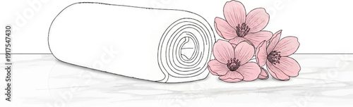 Rolled towel and delicate pink blossoms on a reflective surface