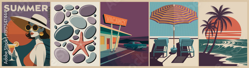 Set of five retro-style summer posters featuring beach scenes, poolside leisure, vintage cars, starfish, and sun-soaked tropical vibes in bold, illustrative colors.