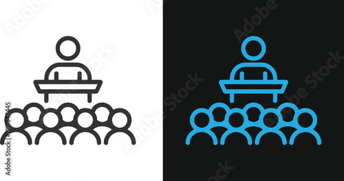 A leader stands confidently at the podium addressing a crowd of diverse individuals in a formal setting from a slightly elevated viewpoint