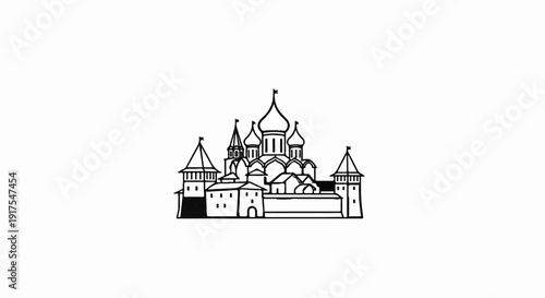 Ornate, multi-domed historic fortress with fortified towers on a white background