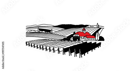 Rolling vineyard landscape with a red-roofed building in the background