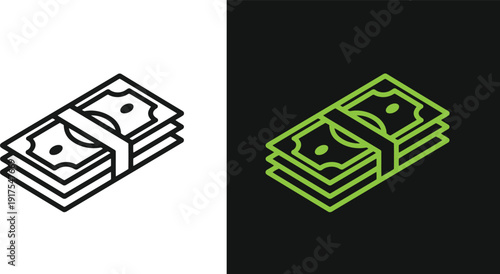 Stacks of currency notes illustrated in simple line art on contrasting backgrounds from a straightforward viewpoint