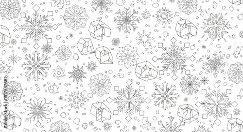 Pattern of various snowflakes and ice crystals on white background