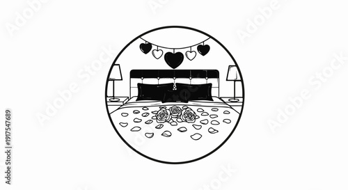 Romantic bedroom with roses and hearts, inside a circle