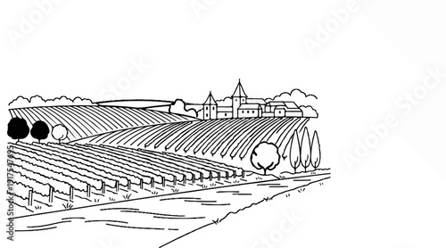 Rolling vineyards lead to a village with church towers under a cloudy sky