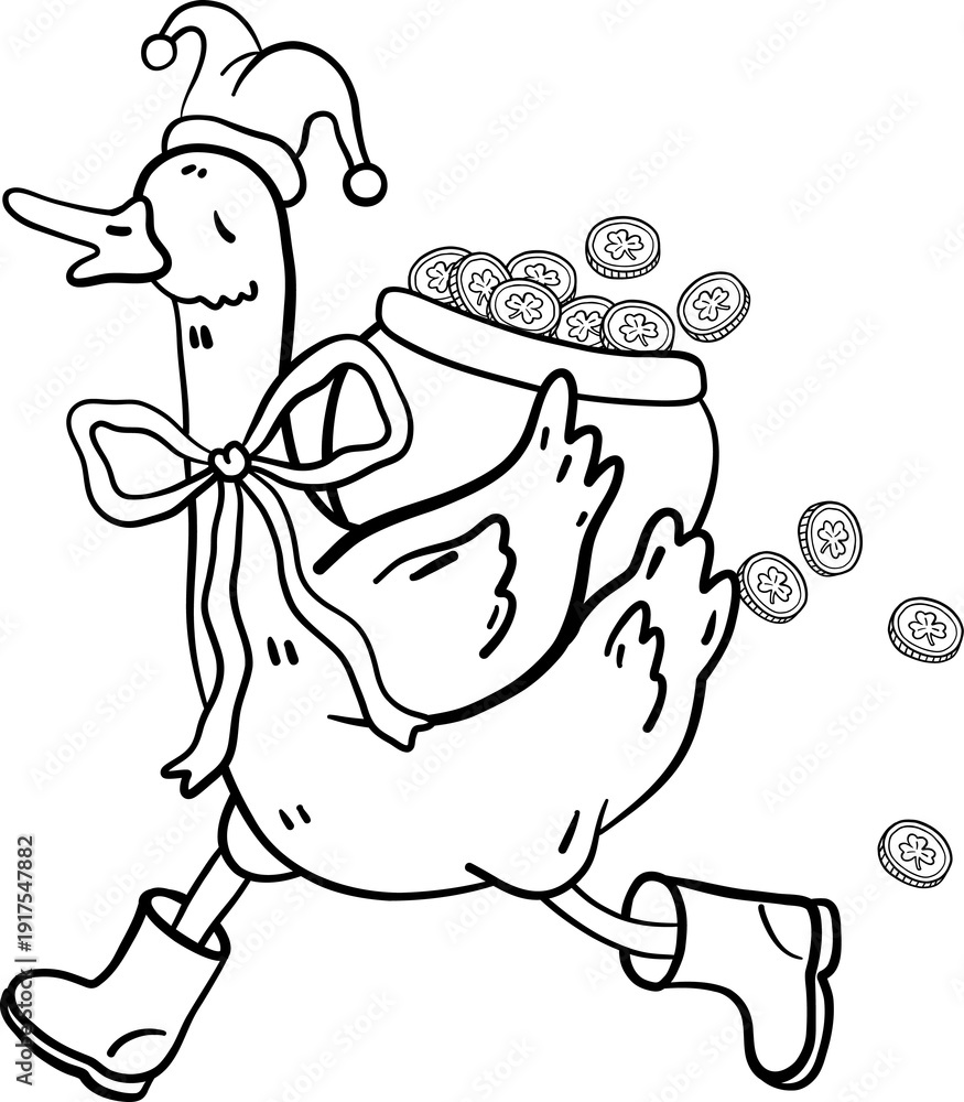 Obraz premium Cute goose with gold pot backpack cartoon outline hand drawn illustration