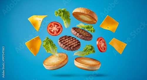 Exploded View of Burger Ingredients Floating on Blue Background.