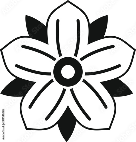 Artistic graphic illustration of a simple flower with leaves and petals