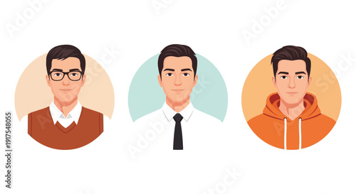 Three distinct male character avatars showcasing different casual business and scholarly attire styles