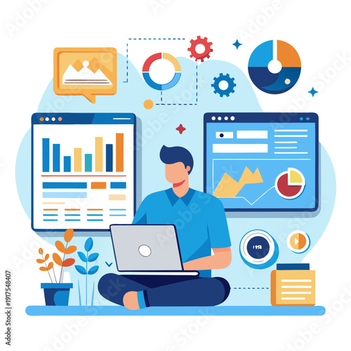flat icons for web design. Web analytics dashboard. Marketing data visualization. Statistical graphs and reports. Businessperson analyzing website traffic using a laptop computer.
