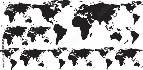 Multiple black and white world maps on a background