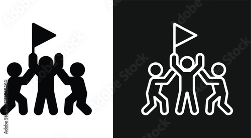 Group of people lifting a person with a flag in a celebratory gesture from different viewpoints graphic illustrations