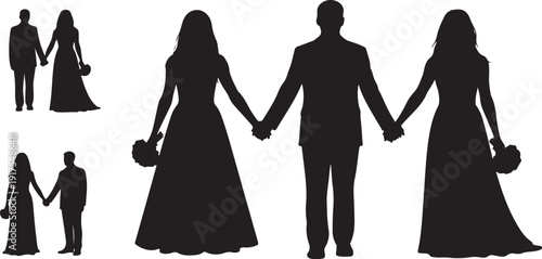 Silhouettes of couples in love holding hands together forever