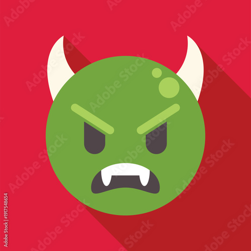 Green horned face with fangs showing an angry and evil emotion