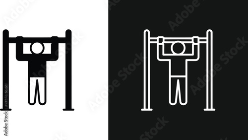 A person performing pull-ups on a bar in a minimalist illustration on a contrasting background from different viewpoints