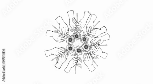 Numerous hands arranged in a circle, each holding a sunflower stem