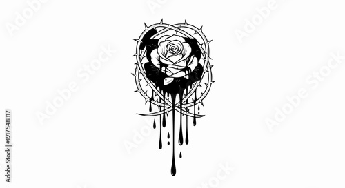 Rose surrounded by thorns with dripping black liquid