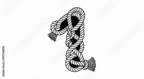 Number one shaped from braided rope with frayed ends on white