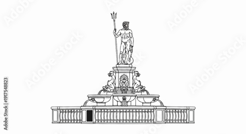 Ornate statue of a god with trident, surrounded by water spouts and sea creatures