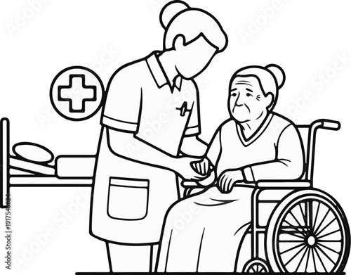 Nurse assisting an elderly woman in a wheelchair near a hospital bed