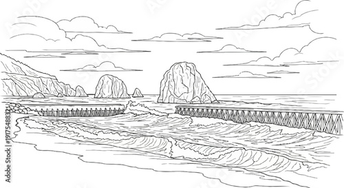 Rough sea crashing against a rocky coastline with a pier