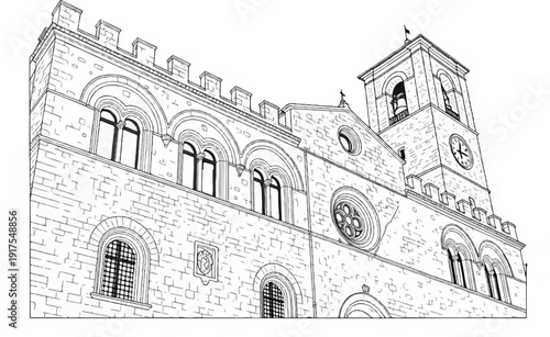 Ornate stone building with arched windows and a tall clock tower