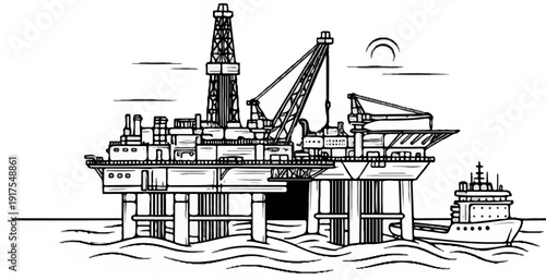 Offshore oil rig and support vessel in choppy waters under a partly cloudy sky