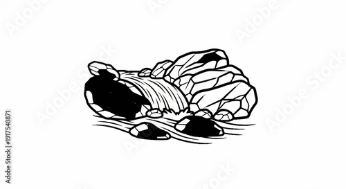 Rough sketch of rocks with water cascading over them into a stream