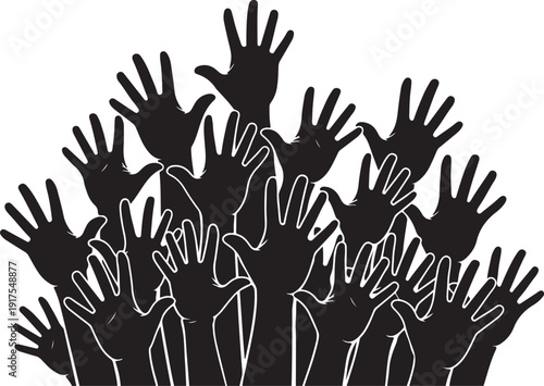 Many hands raised in unison, a symbol of unity
