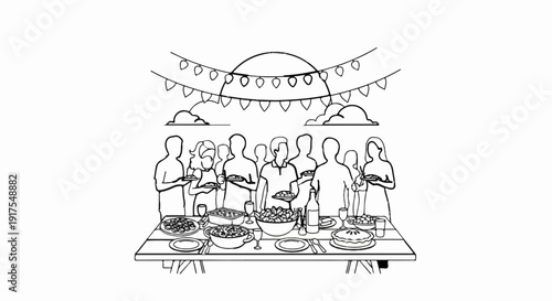 People gathered around a table laden with food under festive lights