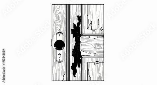 Rough wooden door with a black circular handle and a large, ragged split
