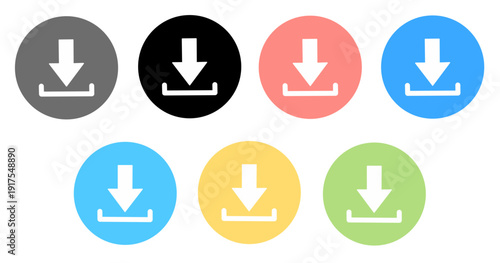 Free Download Set of colorful circular download icons with white arrows and trays, isolated on a clean white background for web design - GFXLoad