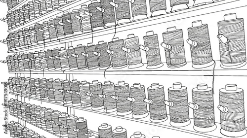 Rows of spools filled with tightly wound thread on industrial shelves