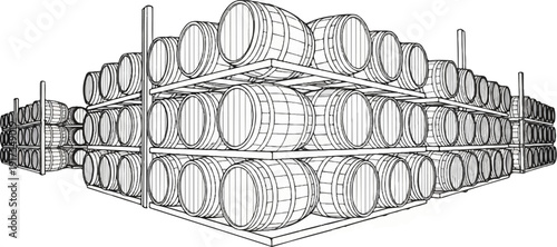 Rows of wooden barrels stacked high on metal shelves in a storage facility