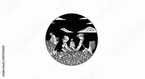 People harvesting tea leaves in a circular, mountainous landscape