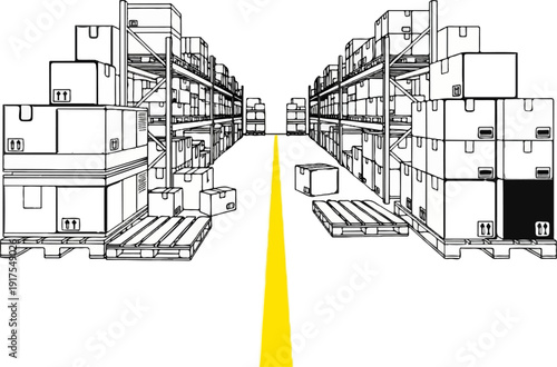 Rows of stacked boxes on shelves in a warehouse with a yellow path