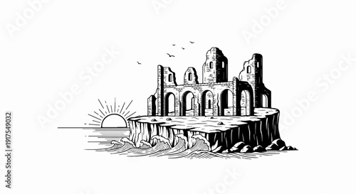 Ruined ancient structure on a cliff overlooking the sea at sunrise