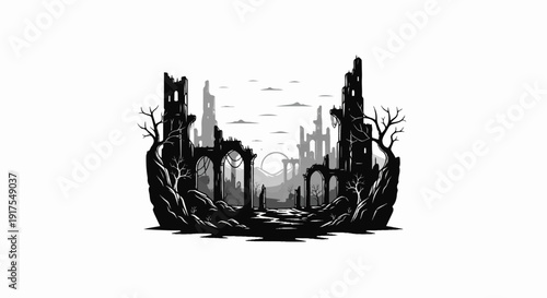 Ruined ancient structures stand silhouetted against a hazy sky, with skeletal trees