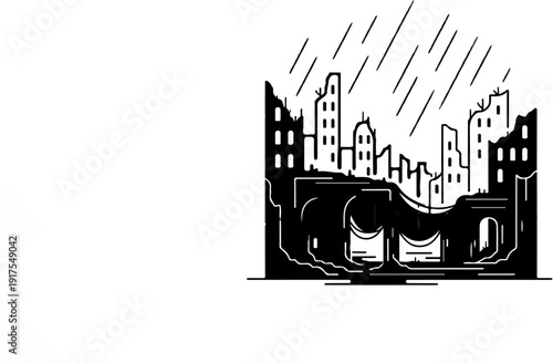 Ruined city skyline under heavy rain, with underground structures visible
