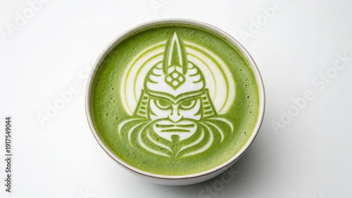 hot matcha latte Top view of a matcha latte with detailed latte art depicting a samurai warrior face.