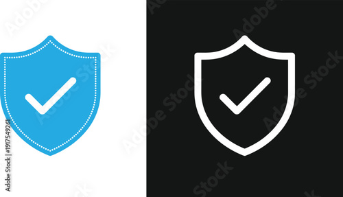 Shield icons with checkmark symbolizing security and approval on contrasting backgrounds for digital and graphic design purposes