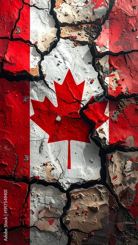 Cracked surface displaying Canada's flag, with vivid red and white colors on a textured, damaged background