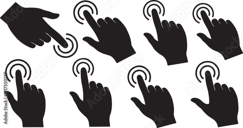 Hands interacting with touchscreen technology icons in black silhouette